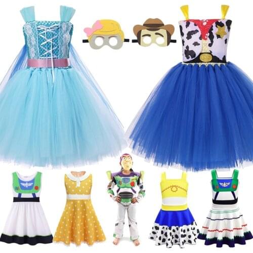 VOGUEON Woody Bo Peep Tutu Dress with Mask Girls Forky Buzz Lightyear Jessie Fancy Dress Up Halloween Party Costume