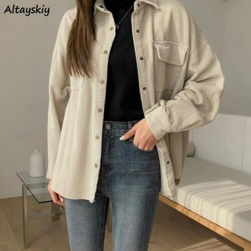 Corduroy Women Shirts Solid Beige Turn-down Collar Spring New Leisure All Match Stylish Japanese Style Chic Tops Ulzzang Pockets
