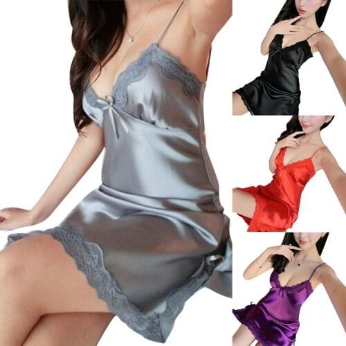 Sexy Women Solid Color Deep V Lace Trim Silk Robe Dress Babydoll Mini Nightdress