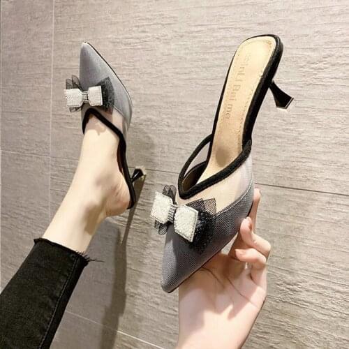 Sexy Pointed Elegant Baotou Half-Drag Muller Shoes Summer Mesh Comfortable Solid Color Ladies Slippers Large Size Outer Wear