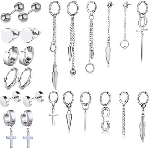 24 Pcs Silver Earrings for Men Silver Stud Earrings Mens Earrings Stainless Steel Dangle Hoop Earrings Fashion Jewelry Piercing