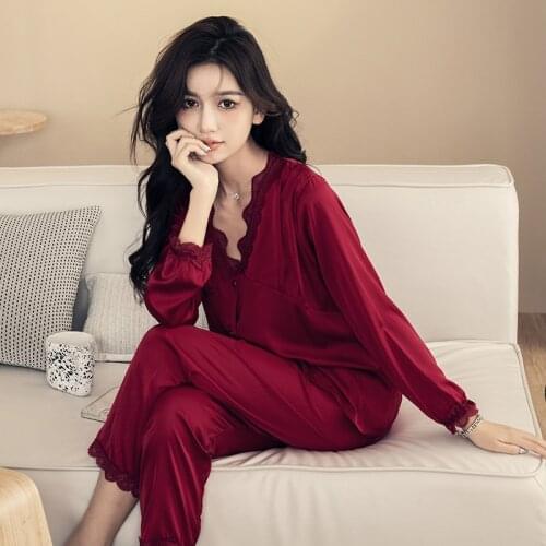 Fdfklak Silk Satin Pajamas For Womens Pyjamas Set Sexy Home Suit Female 2021 Autumn New Long Sleeve Trousers Sleepwear