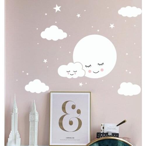 Smiley Moon White Clouds Stars Cartoon Wall Sticker Creative Wallpaper For Kids Bedroom Living Room Removable PVC Wall Decal