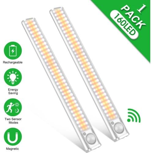 LED Closet Light 160 LEDs Lamp with Motion Sensor Light Kitchen Lighting USB Rechargeable Under Cabinet Lights for Bedroom