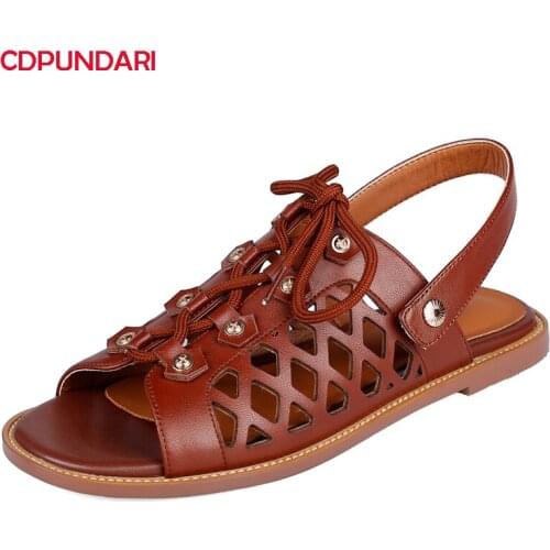 Fashion Genuine Leather Hollow Punk Flat Sandals For Women Gladiator Sandals Ladies 2021 Summer Casual Shoes Sandalias Mujeres