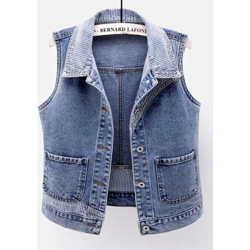 Stripe Splicing Big Pocket Denim Vests Women Waistcoat Fashion Plus size Slim Short Jeans Vest Vintage Sleeveless Jacket Female