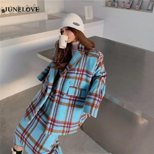 JuneLove Autumn Winter Female Fashion Casual Blue Plaid 2 Piece Set Vintage Long-sleeve Minimalist Woolen Top Overcoat+Mid Skirt