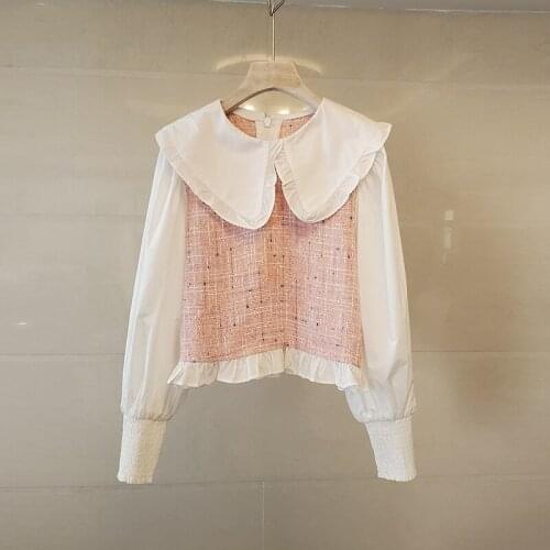 Doll collar stitching pink fairy top shirt female 2021 spring and summer new French style small fresh and thin wild loose super