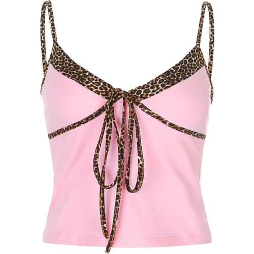Women Spaghetti Strap Harajuku Crop Top Irregular Leopard Patchwork Camisole Sexy V-Neck Backless Lace-Up Bandage Pink Sling Ves