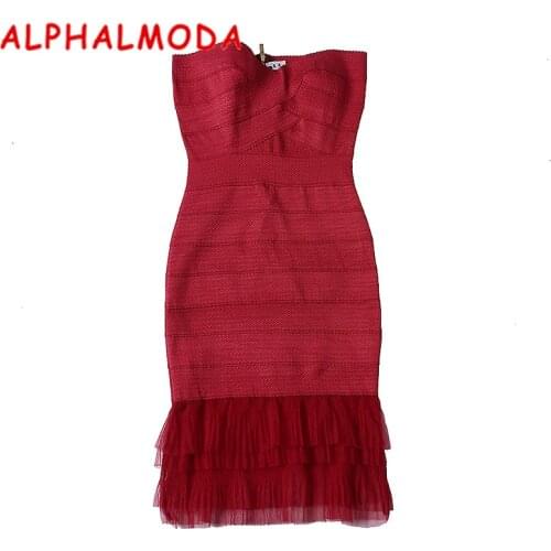 ALPHALMODA 2017 Autumn New Arrived Womens Sexy Bodycon Dress Lace Patchwork Hem Bandage Party Vestidos Tunic Dress