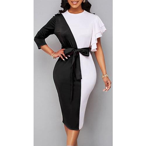 MISSJOY Sexy OL Bodycon 3/4 Sleeve Belted Slit Dresses Women Color Block Ruffle One Shoulder Evening Party African Dress