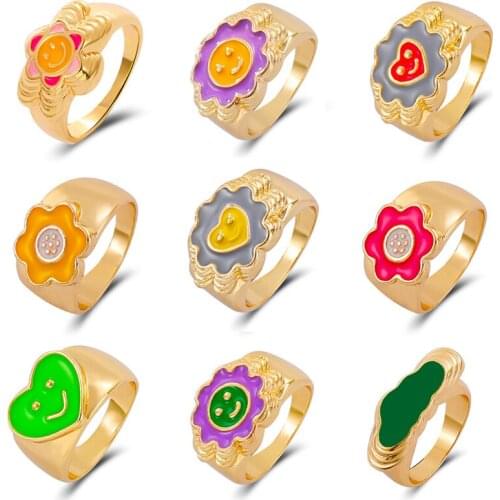 New Vintage Layer Dripping Oil Enamel Color Ring Geometry Flower Heart Romantic Rings For Women Girls Birthday Jewelry Gifts