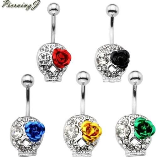 PiercingJ 1pc Women Stainless Steel Crystal Rhinestones Skull Rose Eye Sexy Belly Button Navel Ring Body Piercing Jewelry