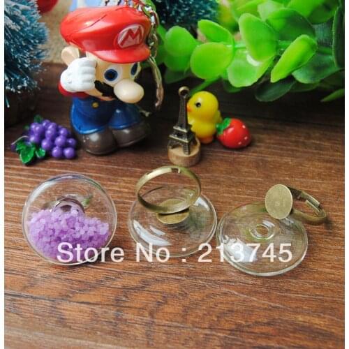 Free ship! 20sets/lot flat round Glass Bubble & Glass globe Ring set ( 34mm,30mm,25mm,20mm to select) glass vial pendant
