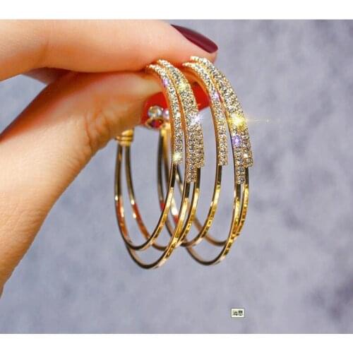 European and American Jewelry Exaggerated Diamond C- Shaped round Ring Earrings Hollow Large Circle Earrings