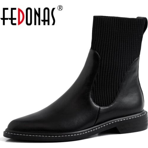 FEDONAS Fashion Women Genuine Leather Knitting Ankle Boots Winter New High Heels Party Night Club Shoes Woman Chelsea Boots