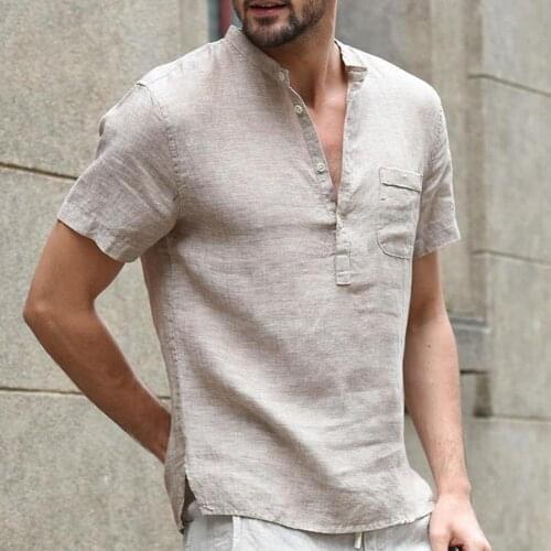 T-Shirts Men Solid Color Button V Neck Patch Pocket Linen Short Sleeve T-Shirt Summer Top