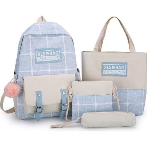 Plaid Bag Female Backpack Four-Piece Campus Large-Capacity Canvas Student Bag Travel Backpack