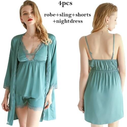 JULYS SONG 4 PCS Womens Pajamas Sets Sexy Lace Nightgown Homewear Solid Faux Silk Satin Sleepwear Female Pajamas Summer 2020