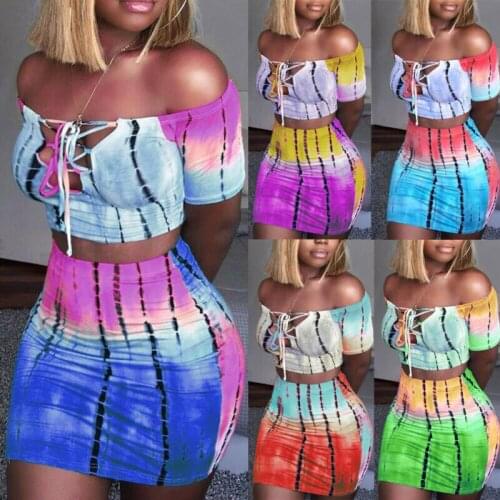Sexy Women Off Shoulder Bodycon T shirt Crop Tops Skirt Set Ladies Bandage Mini Clothes 2pcs Set