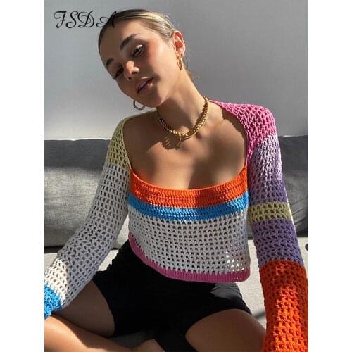 FSDA Knitted Long Sleeve Crop Top Women Beach Y2K Autumn Summer Patchwork Vintage Green Casual T Shirts Sexy Fashion