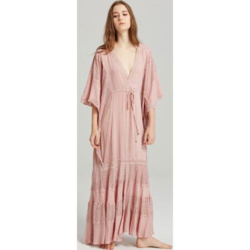 Summer new womens wear travel Bohemian island holiday beach dress sexy V collar back hollow-out ultra-loose long dress