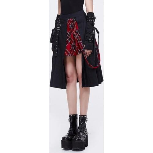 Devil Fashion Hot Punk Black and Red Plaid Skirt for Women Rock Casual Mini Skirt Irregular