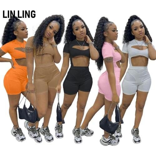 LINLING Fashion Sexy Womens Tight Elastic Hollow Out Short Sleeve Bodysuit + Shorts Casual Two-piece Set