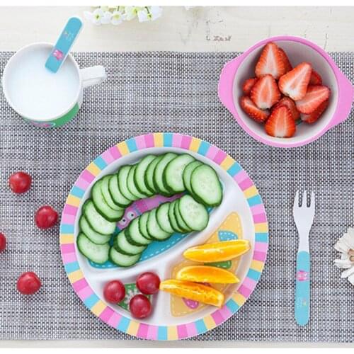 Clearance Sale Natural Bamboo Fiber Baby Dish Tableware Children Cartoon Feeding Dishes Kids with Fork Soup Durable Bowl