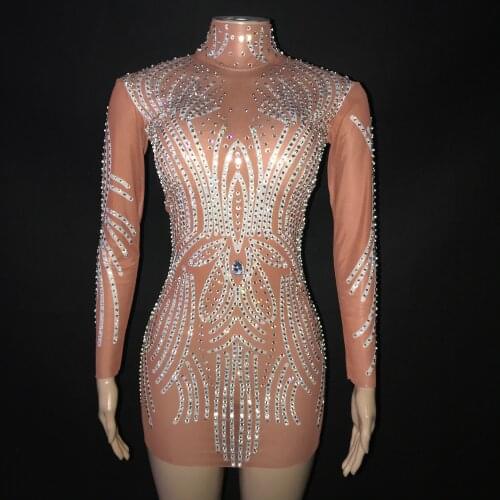 Silver Stones Mesh Transparent Dress Female Singer Performance Shining Outfit Evening Birthday Celebrate Mini Dress