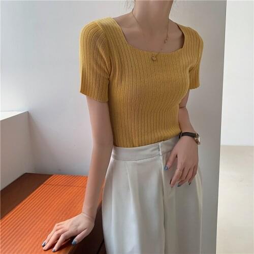 Chic Square Collar Knitted Women T-shirts Casual Short Sleeve Slim Female Summer Tees Korean Elegant Ladies Short Tops