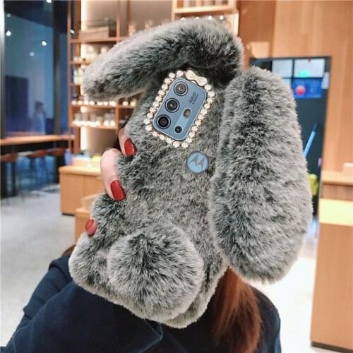 Fashion Rabbit Plush back Silicone Cover For Motolora moto G10 Power Play G Stylus 2021 G30 G9 Plus fluffy fur Cover Phone case