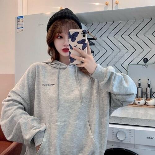 Hot Preppy Style Womens Hoodies Loose Letter Print Leisure Sweatshirts Autumn Solid Casual Female Sudaderas Mujer 2021
