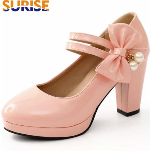 Pearl Bowknot Women Platform Pumps High Chunky Heels Pink Patent Leather Casual Wedding Party Office Ladies Hook Loop Mary Janes