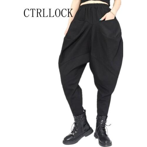 CTRLLOCK Streetwear Women Loose Pocket Cross Pants Wide Legs Elastic Waist Trousers For Female