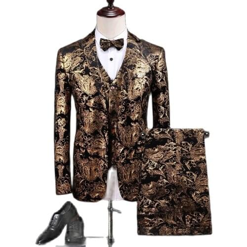High-end Velveteen Brand Fashion Boutique Printing Gold Mens Business Suit 3 Pcs Sets Stage Costume ( Jacket + Vest + Pants )