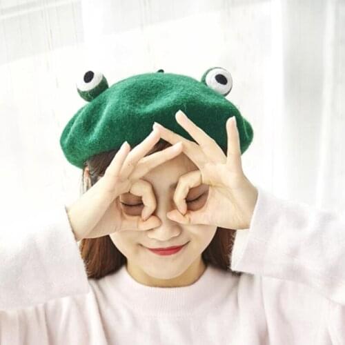 Japanese Women Cute Green Frog Eyes Beret Cap Winter Warm Faux Wool Kawaii Vintage Artist Painter Cosplay Beanie Hat