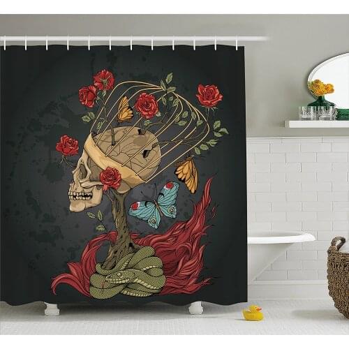 Skull Shower Curtain Evil Mexican Sugar Skeleton with Kitsch Bush of Roses Snake and Butterfly Artwork Waterproof Bath Curtains