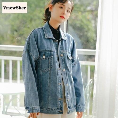 VmewSher New Spring Autumn Women Denim Jacket Single Breasted Female Long Sleeve Turn Down Collar Pocket Jean Coat Solid Outwear