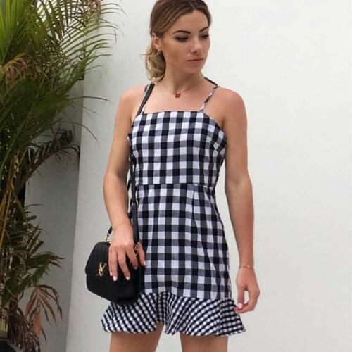 Women Plaid Ruffles Sexy Short Dress Ladies Sleeveless Strapless Vintage Fishtail Dress Summer Fashion Causal Beach Strap Dress