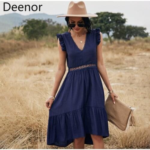 Deenor Solid Color Sexy Dress Summer 2021 Women Hollow Out V-Neck Boho Beach Evening Party Elegant Sundress Vestidos Robe