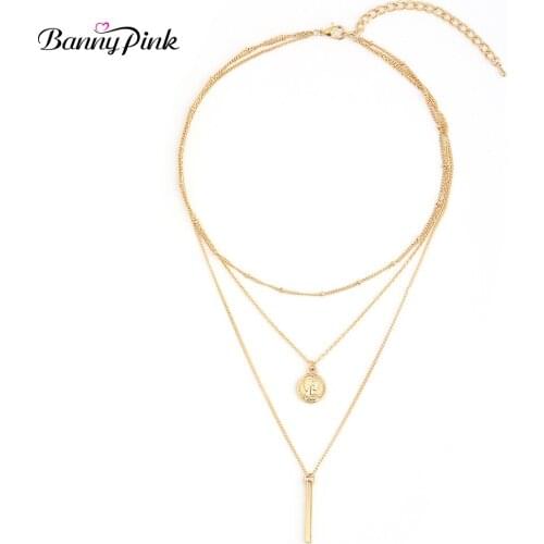 Banny Pink New Punk Coin Pendant Choker Necklace Gold Color Layer Chain Choker Collar Long Bar Dangle Women Necklace Clavicle