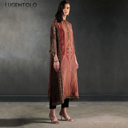 Vintage Dress Women Long Sleeve Round Neck Fashion Muslim Dresses Lady Casual Loose Thin Chiffon Split Fork Dress Lugentolo