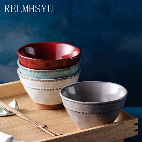 1PC RELMHSYUJapanese Style 4Color Retro Ceramic Large Special-shaped Soup Noodle Soup Dinner Bowl Steak Fruit Dinner Plates