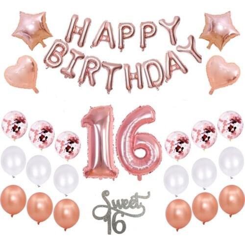 Rose Gold Sweet 16 Party Decorations WITH 40 Inch Number Balloon Happy Birthday Foil Balloon Cake Topper Sweet 16 Party Supplies