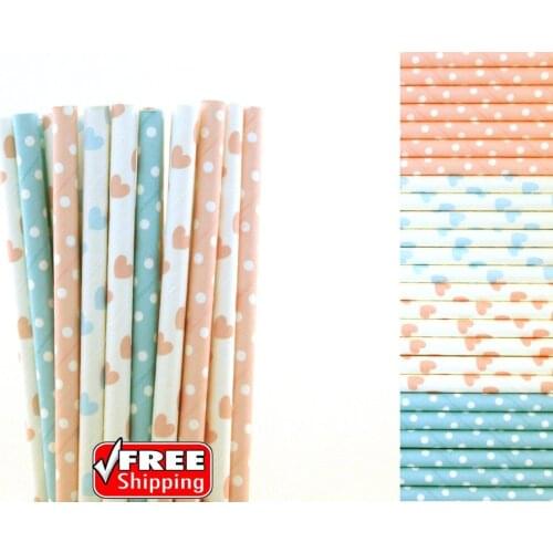 200pcs Mixed 4 Designs Light Blue and Light Pink Themed Paper Straws-Swiss Dot,Heart Baby Shower Birthday Party Gender Reveal