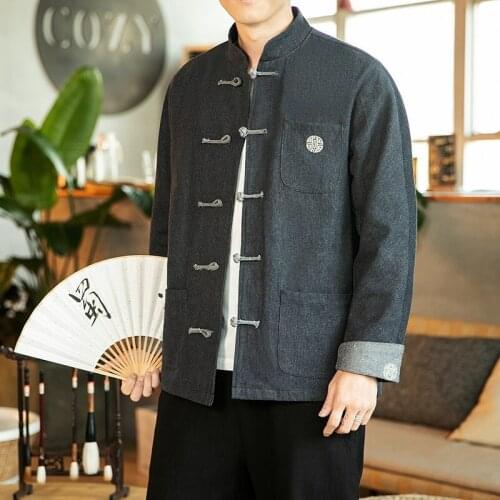 2021 Chinese Style Denim Jacket Men Kung Fu Clothes Jeans Jacket Men Clothing MenS Denim Hanfu Men Outerwear Tang Suit 30504