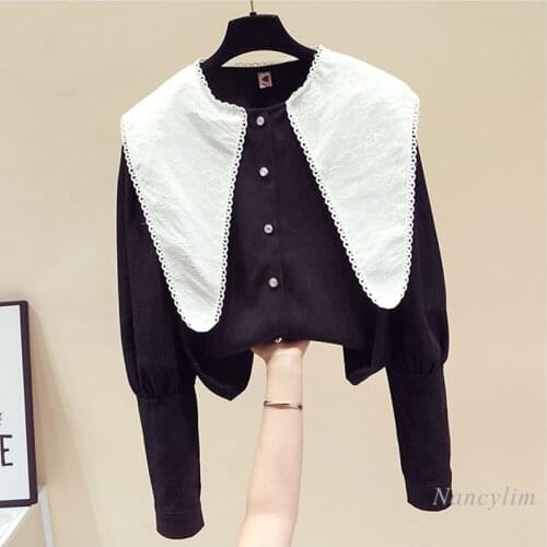 2021 Spring New Elegant Doll Collar Slimming Shirt Womens All-Match White Black Color Patch Chiffon Top Blouse Female Clothes
