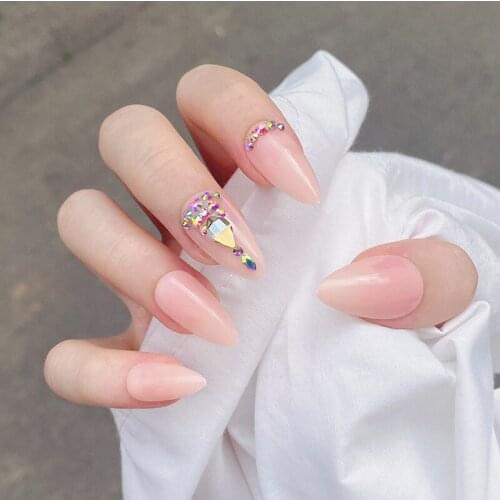 24pcs Flesh Pink Fake Nail Patch Glue Type Rhinestones Inlaid Removable Long Paragraph Fashion Manicure False Nail Patch -VL16