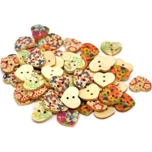 50Pcs Mixed 17x18mm Heart Wood Sewing Buttons For Cloth Flatback Cabochon Scrapbooking Crafts Knopf Bouton Decor Diy Accessorie